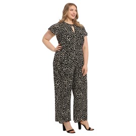 London Times Women's Plus Size Cap Sleeve Faux Wrap Wide Leg Jumpsuit, Black/Ivory