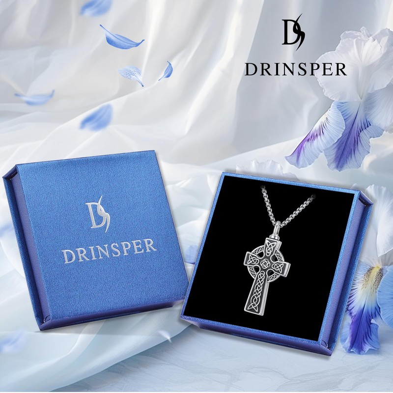 DRINSPER Urn Necklace for Ashes Celtic Cross Cremation Jewelry 925