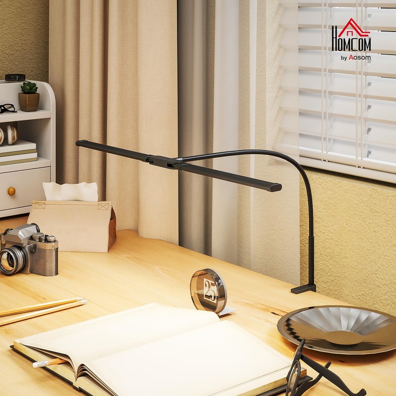 HOMCOM LED Desk Lamp with Clamp, Double Head Table Lamp