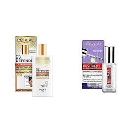 L'Oréal Paris Protector Solar Diario Fluid FPS50+ UV Defender con color tono medio, 40g + L'Oréal Paris Serum de Ojos Anti Líneas de Expresión Revitalift Ácido Hialurónico, 20 ml