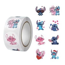 Rollo 500 pcs etiquetas, calcamonías, pegatinas, stickers Stich 2.5 cms (1 pulgada), 8 Diseños de Etiquetas Adhesivas para Niños, Decoración, Fiestas, etc.