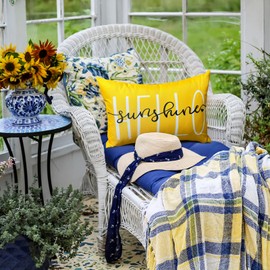 Hckot Pack of 2 Happy Summer Outdoor Waterproof Pillow Covers 12x20, Yellow Hello Sunshine Throw Pillow Covers for Patio Furniture Garden