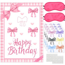 KRUCE Cute Pink Bow Party Decorations, Pin The Bow Sticker on Backdrop Party Game, Large Poster with 24 Pcs Bow Stickers and Eye Patch, Birthday Party Supplies for Girls (Pink)