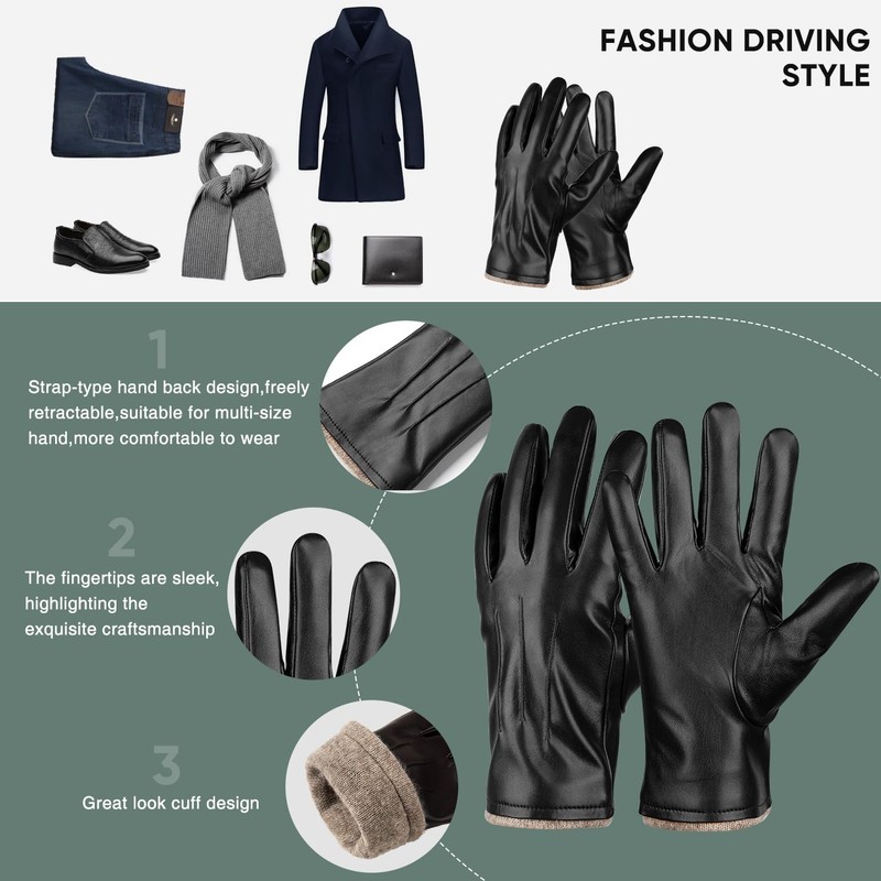 Winter PU Leather Gloves For Men, Warm Thermal Touchscreen Texting