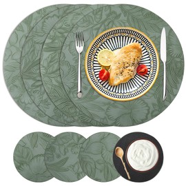 4 pieces 27.5 x 27.5 cm and 4 pieces 10 x 10 cm place mats, round place mats, washable round, faux leather placemat, green, table coaster set, suitable for family restaurants and parties