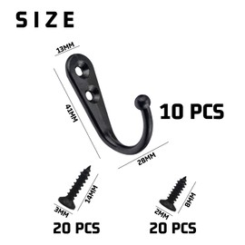 NINVVS 10 Pieces of Retro Single Hooks, with 40 Flat-Head Screws, Bathroom Hooks, Coat Hooks with Holes, Mini Wall Hooks, can be Used to Hang Hats, Towels, Bags, Keys (Black)