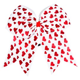 Valentine's Day Cheer Hair Bow Ties with Elastic 7 Inch Love Heart Ribbon Cheer Hair Bows Hair Tie Ponytail Holder White Red Heart Hair Accessories for Women Girls for Valentines Party