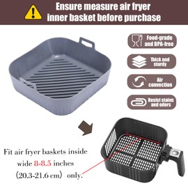 Golden Associate Silicone Liners Square for 8 to 8.5 inch Air Fryer, 2 Pcs Non-stick Food-grade Reusable Basket Baking Tray Airfryer Accessories, Grey