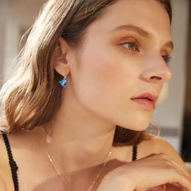 LONAGO Dolphin Earrings for Women 925 Sterling Silver Blue Dolphin with Birthstone Drop Pendant Earrings, Sterling Silver, Cubic Zirconia