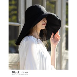 Loo&c Wide Brim Grande UV Hat, 100% Light Protection, Long Brim Hat, Women's, Large Size, Contact Cooling, Super Wide Brim, UV Protection, Chin Strap, Neck Guard, Spring and Summer, Large (22.8 - 24.0 inches (58 - 61 cm), Black)