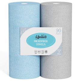 Honova Microfiber Cleaning Cloth Roll 90 Pack, Tear Away Microfiber Towels, 12" x 12", Reusable, Ultra Absorbent, Washable, Quick Dry, Lint free Paper Towels for Kitchen, Window, Car, Shop(Blue&Grey)