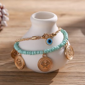 Edary Boho Layer Bead Turquoise Anklet Gold Coin Tassel Anklet Devil Eye Anklet Beach Adjustable Foot Jewellery for Women and Girls (Pack of 2)