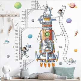 Paquete de 2 Viniles con Medidor de Altura para niños y niñas, Calcomanía para Pared Estampa, Diseño Infantil, Astronautas en el Espacio y Cohete con Regla para Estatura Vinil para Decorar