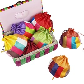 Seoulful Vintage Korean Saekdong Bokjumeoni Lucky Pouches - Traditional Fortune Bags 8-Piece Set with Colorful Stripes