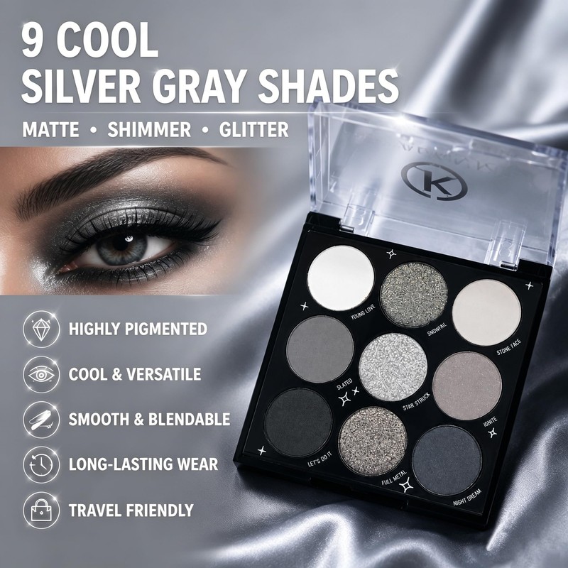 Smoky Grey Eyeshadow Palette Silver Glitter Cool-Toned Eye Makeup