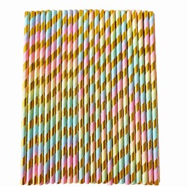 YAOSHENG [100 Pack] Pink & Gold Paper Straws Disposable, 100% Biodegradable Multi-Pattern Party Straws For Birthday, Wedding and Holiday Decoration (Seven Colors)