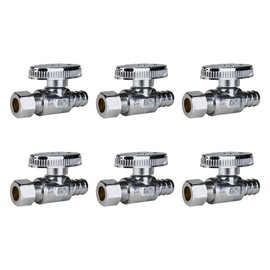 SUNGATOR 6-Piece Straight Stop Valves, 3/8" Compression X 1/2" PEX, 1/4 Turn Chrome Plated Brass, Lead Free