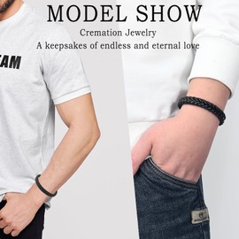 mingkejw Cremation Jewelry Urn Bracelet for Ashes Men's Braided Genuine Leather Stainless Steel Memorial Cuff Bangle Braided Wristband Bracelet Keepsake Jewelry for Loved Ones with Fill Tool