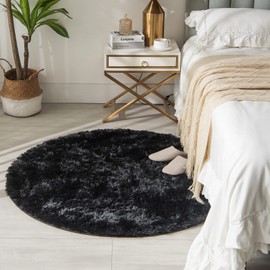 CHOSHOME Round Living Room Rug High Pile Washable Rug Shaggy 80 cm Round Rugs Plain Round Rug Fluffy Rug Soft for Hallway Bedroom Children's Room Baby Room Black