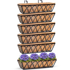 HFHOME 24 Inch Window Boxes Planters with Coco Liners for Porch Fence Patio Balcony Hanging Flower Railing Deck Baskets with Adjustable Brackets for Outdoor Garden - 6 Packs