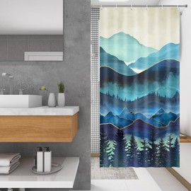 Lokigo Small Stall Teal Forest Shower Curtain 36" W x 72" H, Sage Green Natural Mountains Narrow Dorm Half Size Shower Curtains RV Stand Up for Bath Decor, Waterproof Fabric Curtain with 6 Hooks