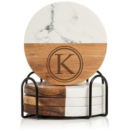 Set of 4 Drink Coasters with Holder Gift Circle Letter K Monogram (Acacia Wood & Marble)
