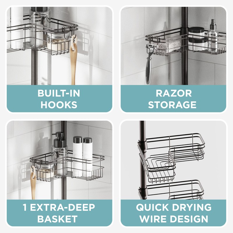 Zenna Home Tension Pole Shower Caddy Corner Organizer, Adjustable Standing