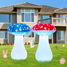 Rossesay 2 Pcs 32 Inch Summer Inflatable LED Light up Mushroom Inflatables Spring Blow up Decorations for Spring Summer Holiday Outdoor Backyard Garden Lawn Decoration (Red and Blue)