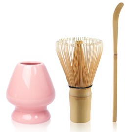 Matcha Tea Set Bamboo Matcha Whisk, Ceramic Whisk Holder, Tea Scoop, Japanese Matcha Tea Tool Kit Set of 3(Pink)