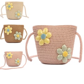 Minicloss Girl Shoulder Bag Cute Floral Straw Crossbody Bags Little Girl Handbags Braided Shoulder Bag for Kids Shopping Purse (Pink)