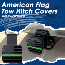 x xotic tech 2" Trailer Hitch Cover,American Flag Tow Hitch Covers Receiver Tube Plug Insert Cap,Car Exterior Accessories,Square Mouth Protection for Most SUV, RV, Pickup, ATV(Black w/Green Line,2PCS)