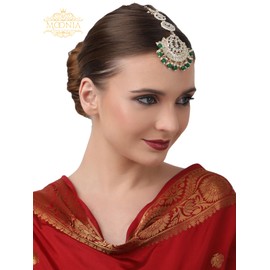 Premium Quality Indian Bollywood Green Kundan Beaded Maang Tikka Head Chain Ethnic Fashion Bridal Wedding Jewelry Hair Accessories - Gift Packaging