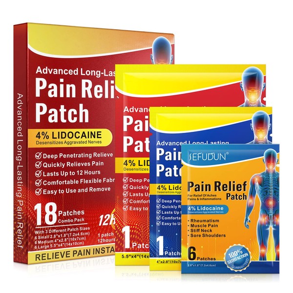Pain Relief Patches, 12H Long Lasting Knee Pain Patch, Heating Patches for Back Body Joint and Muscle Pain Relief & Inflammation with 3 Different Patch Sizes, 18 Count