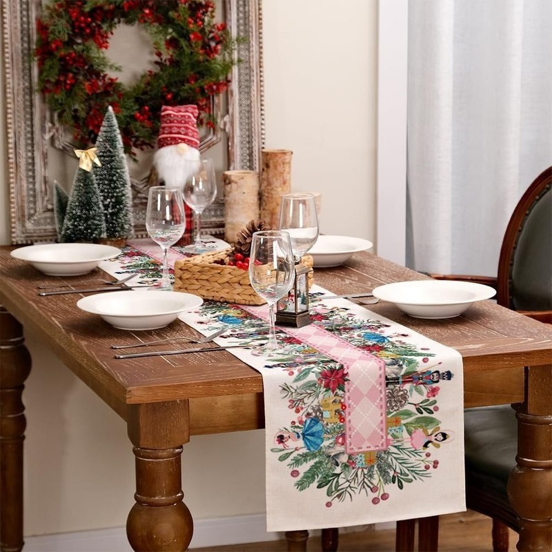 13x72 Inch Christmas Table Runner Nutcracker Flower Tree Winter Table