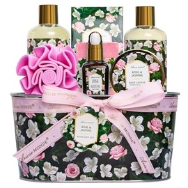 Cesta de regalo para mujeres - Juego de 8 piezas de belleza y cuidado personal de rosas y jazmín - Paquete de relajación y mimos para el baño en casa 