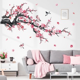 decalmile Pink Flower Branch Wall Decals Watercolor Blossom Floral Tree Branches Wall Stickers Living Room Bedroom Sofa TV Background Wall Decor