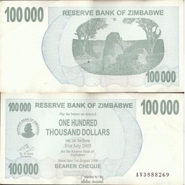 Prophila Collection Banknote Zimbabwe Pick-Nr: 48b Used (III) 2006 100,000 Dollars (Banknotes for Collectors - No Means of Payment) Landscapes