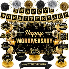 Black Gold Happy Workiversary Decorations Happy Work Anniversary Banner Honeycomb Centerpieces Hanging Swirls Tissue Paper Pompoms Sash Set for Office Employee Workiversary Appreciation Party Supplies