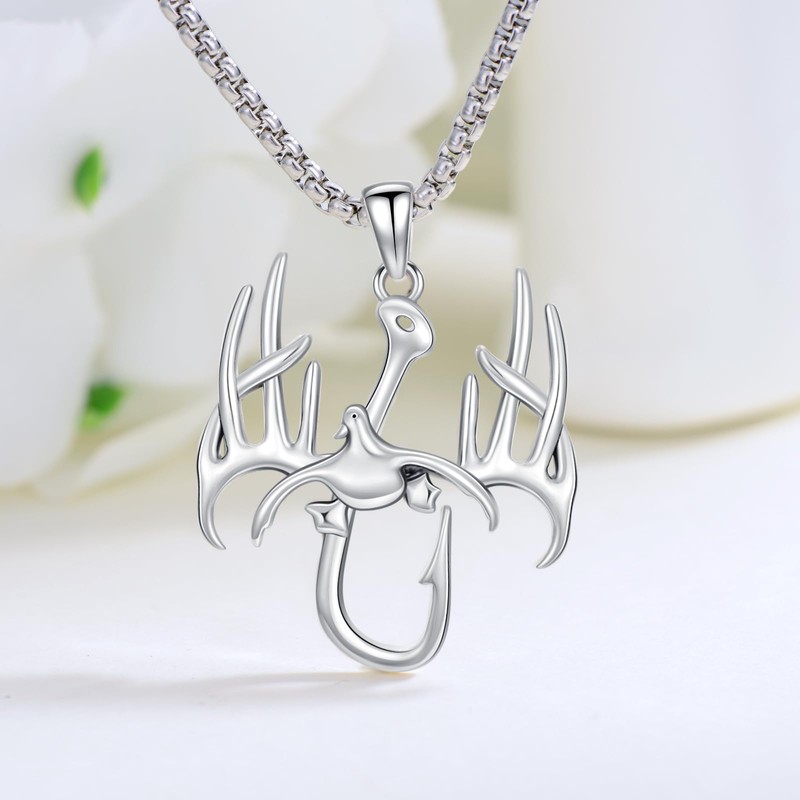 PROESS Fish Hook Necklace for Men 925 Sterling Silver Antler