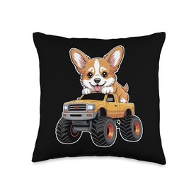 Cute Corgi on Monster Truck Throw Pillow