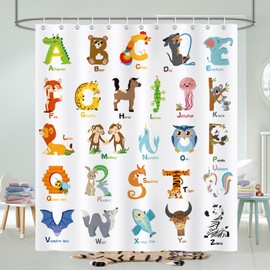 COZZSNUGE Kids ABC Shower Curtain, Colorful Cartoon Animal Alphabet Educational Shower Curtain Waterproof Polyester for Bathroom with 12 Hooks, 72 x 72 Inches