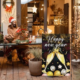 Wodison Cheers Happy New Year Garden Flag 12X18 Inch Double Sided, Small Burlap Fireworks Balloons Celebration New Years Flag for Party Yard Outdoor Decorations