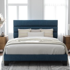 Allewie 【April Limited Deal】【Not including mattresses】Allewie Full/Queen/King Platform Bed Frame with Velvet Upholstered Headboard and Wooden Slats Support, Fully Upholstered Mattress Foundation/No Box Spring Needed/Easy Assembly - Color: Blue, mattress 