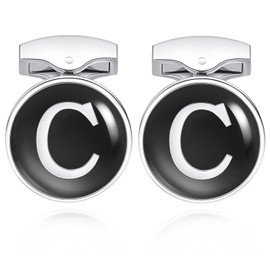 HONEY BEAR Initial Alphabet Letter Cufflinks Round for Mens Wedding Gift,Black A-Z (C)