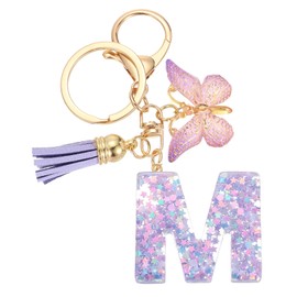 sourcing map Initial Letter Keychains, Resin Cute Butterfly Tassel Pendant Accessory for Women, Alphabet Key Ring for Purse Handbags Backpack, Purple-M