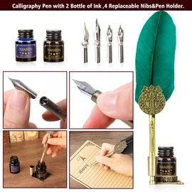 TIANREN Quill pen ink set,Feather Pen and Ink Set,Antique Calligraphy Pen with 4 Replaceable Nibs,2 Bottle of ink,Feather Dip Pen Holder Christmas Gift for Men&Women.(Green)