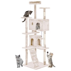 24/7 Shop at Home Court 70 inch Multi-Level Cute Cat Tree Tower with Dangling Ball and Scratching Posts for Indoor Cats Adults, Kitten Supplies, Pet House, Beige