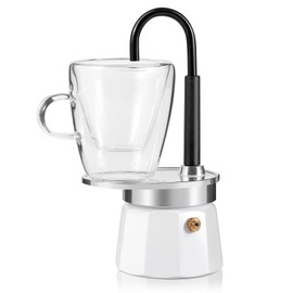 MVPLUE-Mini Express Swiss Single Tube Moka Pot Aluminum Ivory white，Moka Set includes One Double Wall 3oz Cup,Enjoy delicious coffee in no time