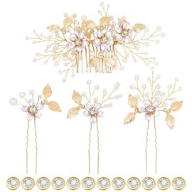 inSowni 16 Pieces Gold Metal Wedding Bridal Rhinestone Hair Side Combs+U-shaped Crystal Hair Pins Clips+Twist Spiral Rhinestone Hairpins Headpieces for Braids Braidesmaids Women Girls (16PCS S2)