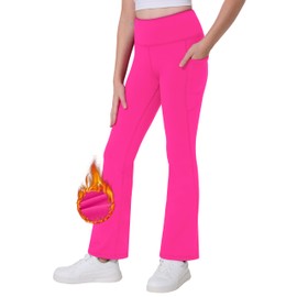 Desol Girls Fleece Lined Flare Leggings with Pockets High Waisted Yoga Pants Winter Bell Bottom Thermal-Hot Pink